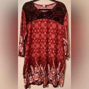 Long Tunic with Black Lace Overlay and Pockets Colors: Burgundy/Peach/White/Blk